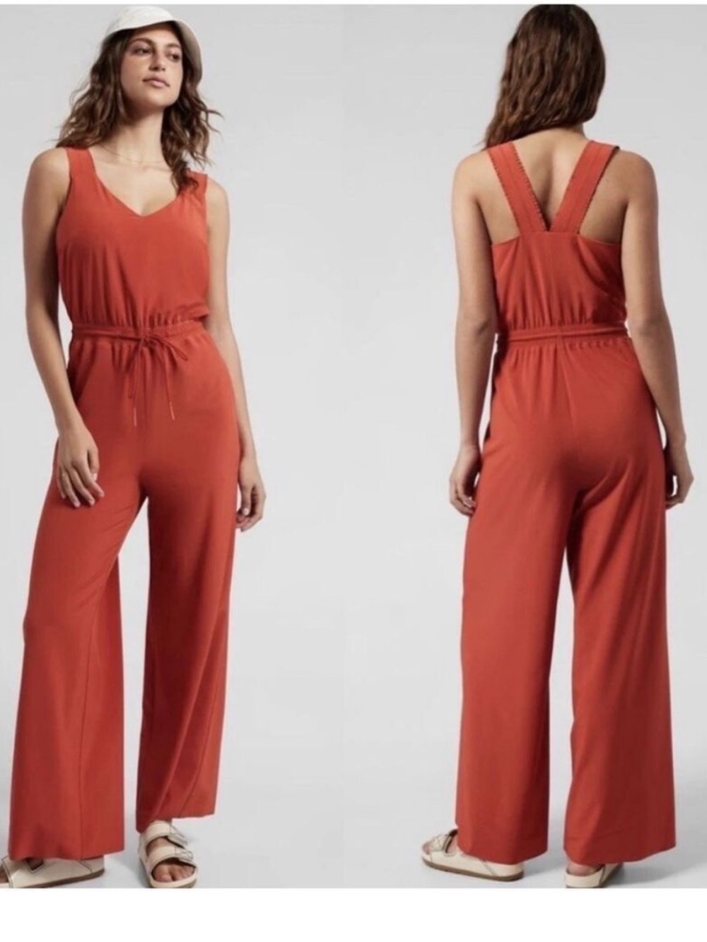 Athleta Savannah Jumpsuit Rust Orange/Currant Red Sleeveless Wide Leg Lightweigh